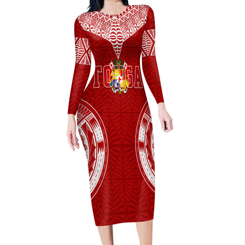 Personalised Tonga Independence Day Long Sleeves Bodycon Dress Kupesi Pattern Mix Style LT7 Women Red - Polynesian Pride