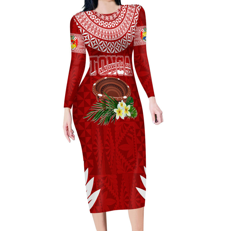 Personalised Tonga Independence Day Long Sleeves Bodycon Dress Kumete Kava Bowl With Plumeria LT7 Women Red - Polynesian Pride