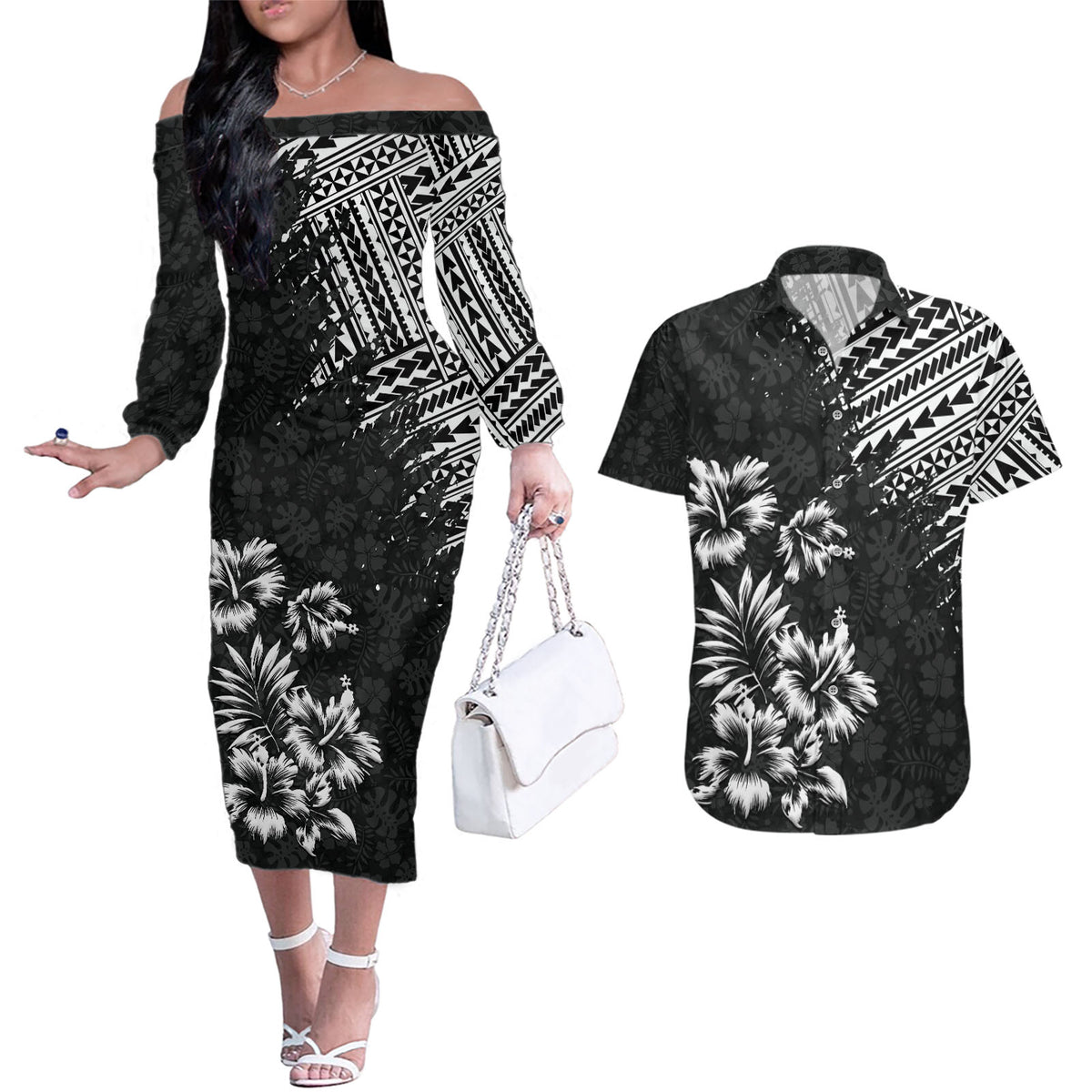 Hawaii Summer Couples Matching Outfits Combo Long Sleeve Dress Mix Polynesian Black LT6