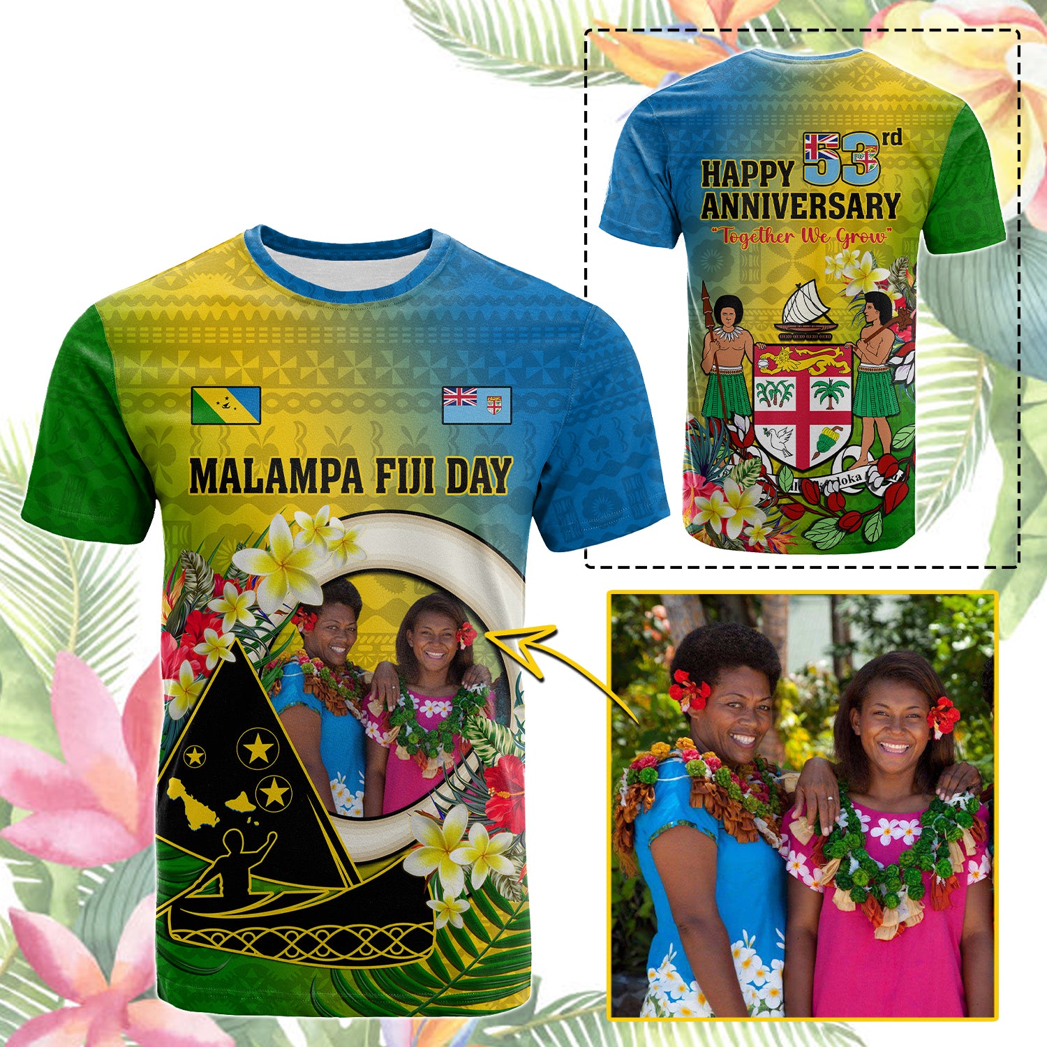 Custom Photo Malampa Fiji Day T Shirt Together We Grow Coat Of Arms Tropical Flowers CTM14 - Polynesian Pride