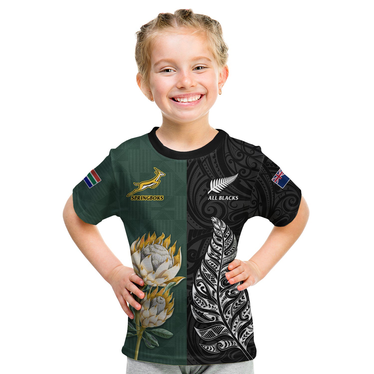 (Custom Text and Number) South Africa Protea and New Zealand Fern T Shirt KID Rugby Go Springboks vs All Black LT13 - Polynesian Pride