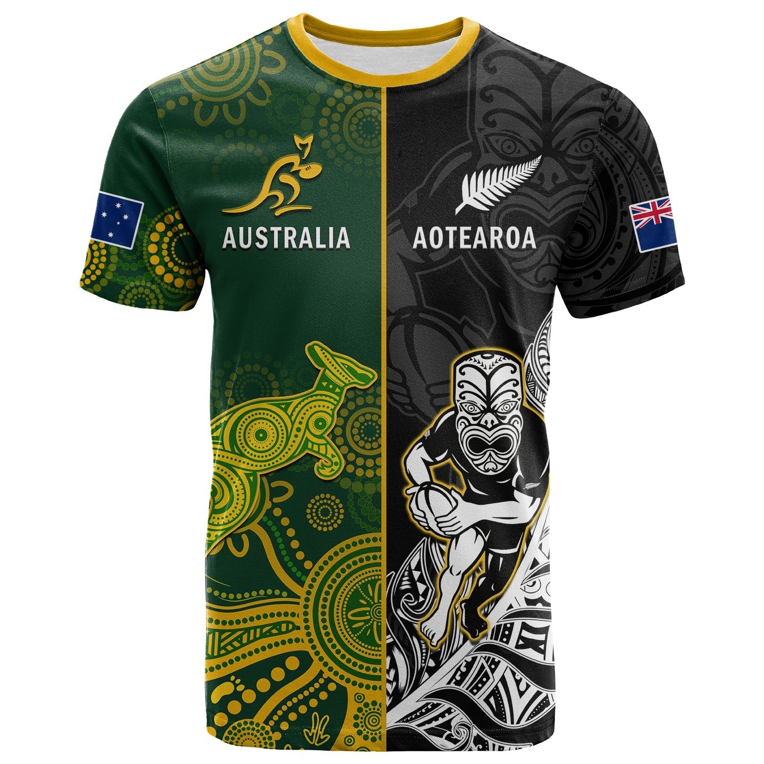 Australia Rugby Mix Aotearoa Rugby T Shirt Wallabies All Black 2023 Special Version LT14 Black - Polynesian Pride
