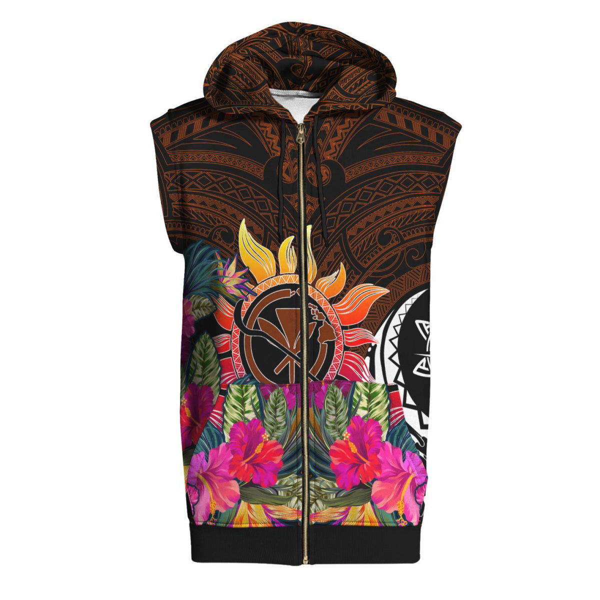 Polynesian Sleeveless Hoodie Hawaii Kanaka Maoli & Hibiscus Flowers With Polynesian Patterns