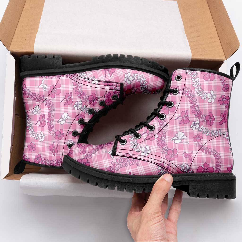 Alaka Aloha Hawaii Leather Boots Plumeria Lei With Palaka Motif - Polynesian Pride