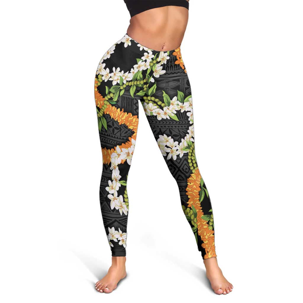 Aloha Festive Hawaii Leggings Mokihana - Maile and Ilima on Black - Polynesian Pride