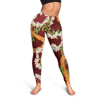 Aloha Festive Hawaii Leggings Mokihana - Maile and Ilima on Crimson - Polynesian Pride