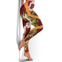 Aloha Festive Hawaii Leggings Mokihana - Maile and Ilima on Crimson - Polynesian Pride