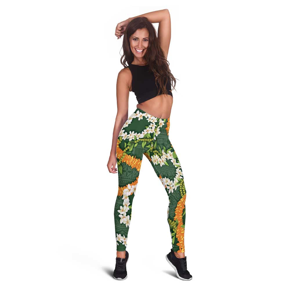 Aloha Festive Hawaii Leggings Mokihana - Maile and Ilima on Forest Green - Polynesian Pride