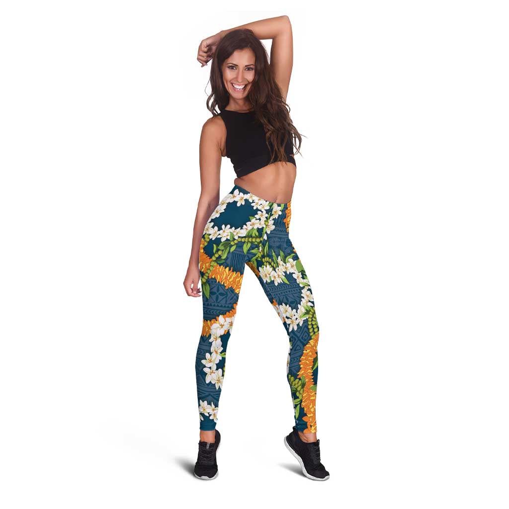 Aloha Festive Hawaii Leggings Mokihana - Maile and Ilima on Navy Blue - Polynesian Pride