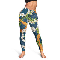 Aloha Festive Hawaii Leggings Mokihana - Maile and Ilima on Navy Blue - Polynesian Pride