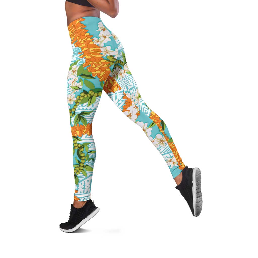 Aloha Festive Hawaii Leggings Mokihana - Maile and Ilima on Turquoise - Polynesian Pride