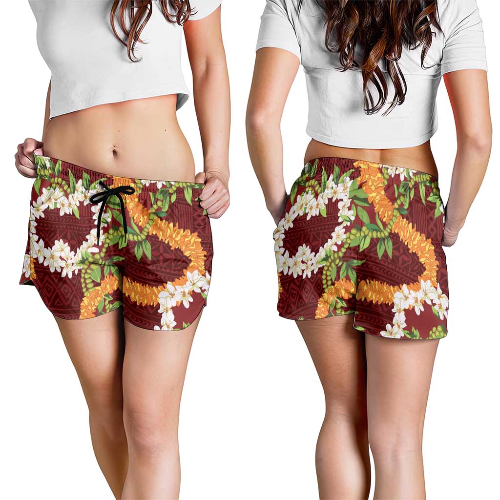 Aloha Festive Hawaii Shorts for Women Mokihana - Maile and Ilima on Crimson - Polynesian Pride
