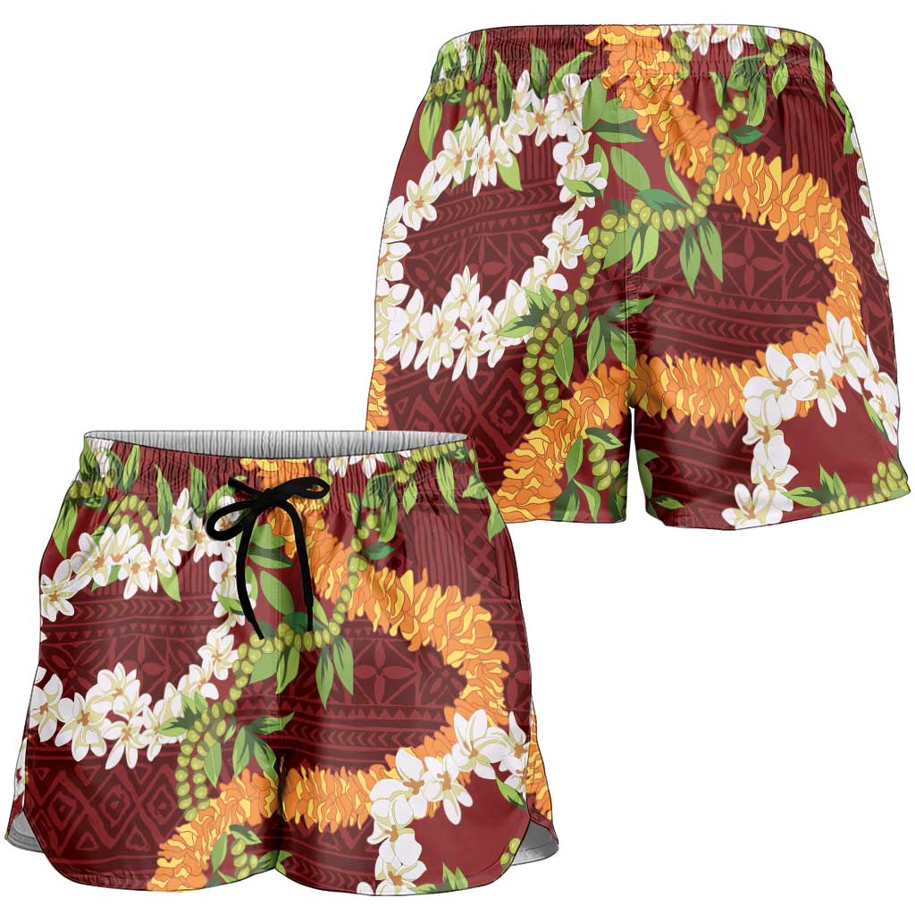 Aloha Festive Hawaii Shorts for Women Mokihana - Maile and Ilima on Crimson - Polynesian Pride
