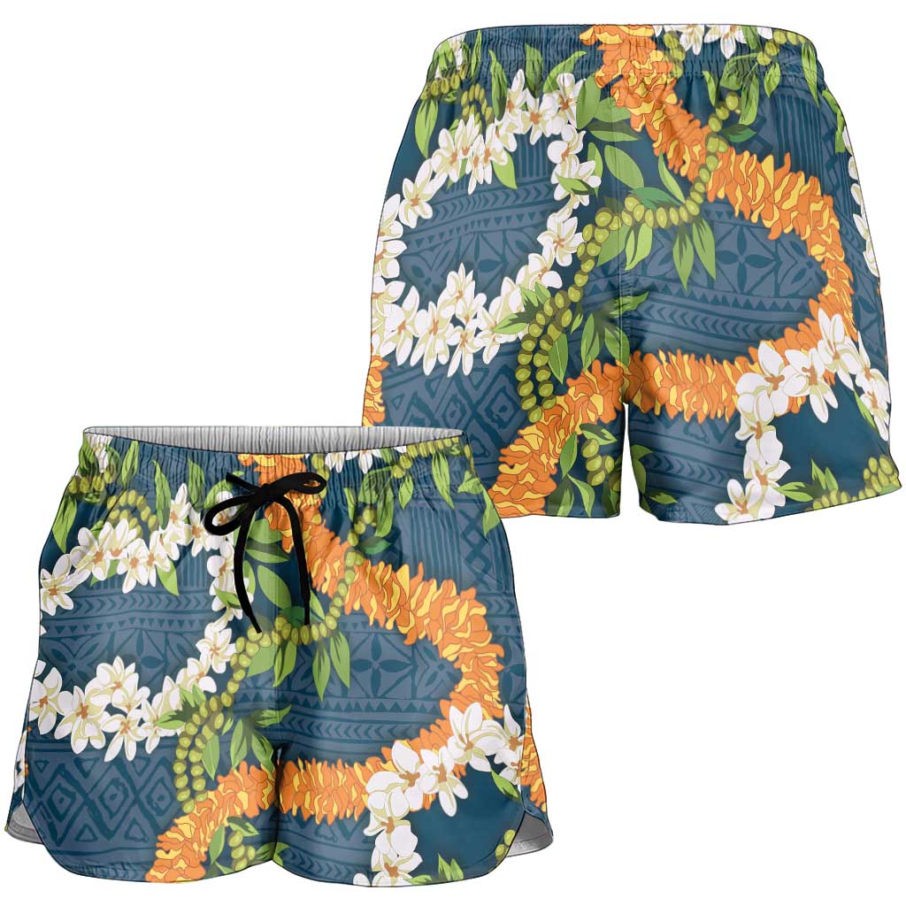 Aloha Festive Hawaii Shorts for Women Mokihana - Maile and Ilima on Navy Blue - Polynesian Pride