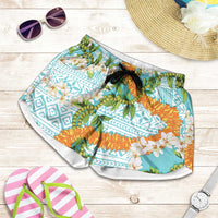 Aloha Festive Hawaii Shorts for Women Mokihana - Maile and Ilima on Turquoise - Polynesian Pride