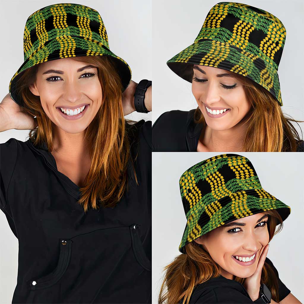 Aloha Hawaii Ilima Maile Lei Bucket Hat Palaka Inspired Hawaiian-plaid Black