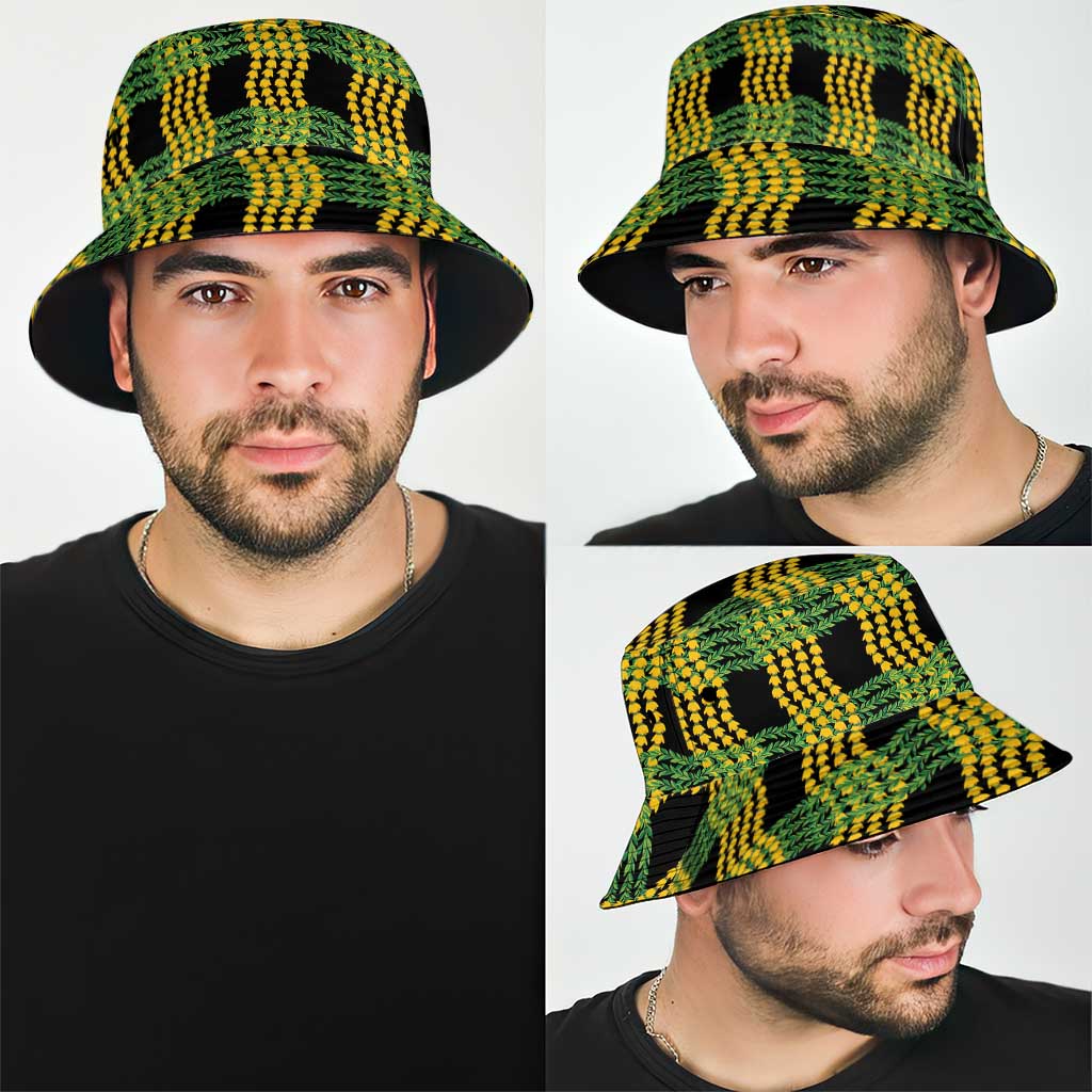 Aloha Hawaii Ilima Maile Lei Bucket Hat Palaka Inspired Hawaiian-plaid Black