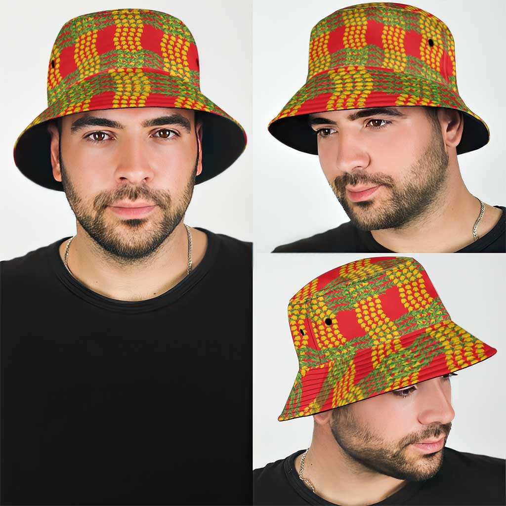Aloha Hawaii Ilima Maile Lei Bucket Hat Palaka Inspired Hawaiian-plaid Red