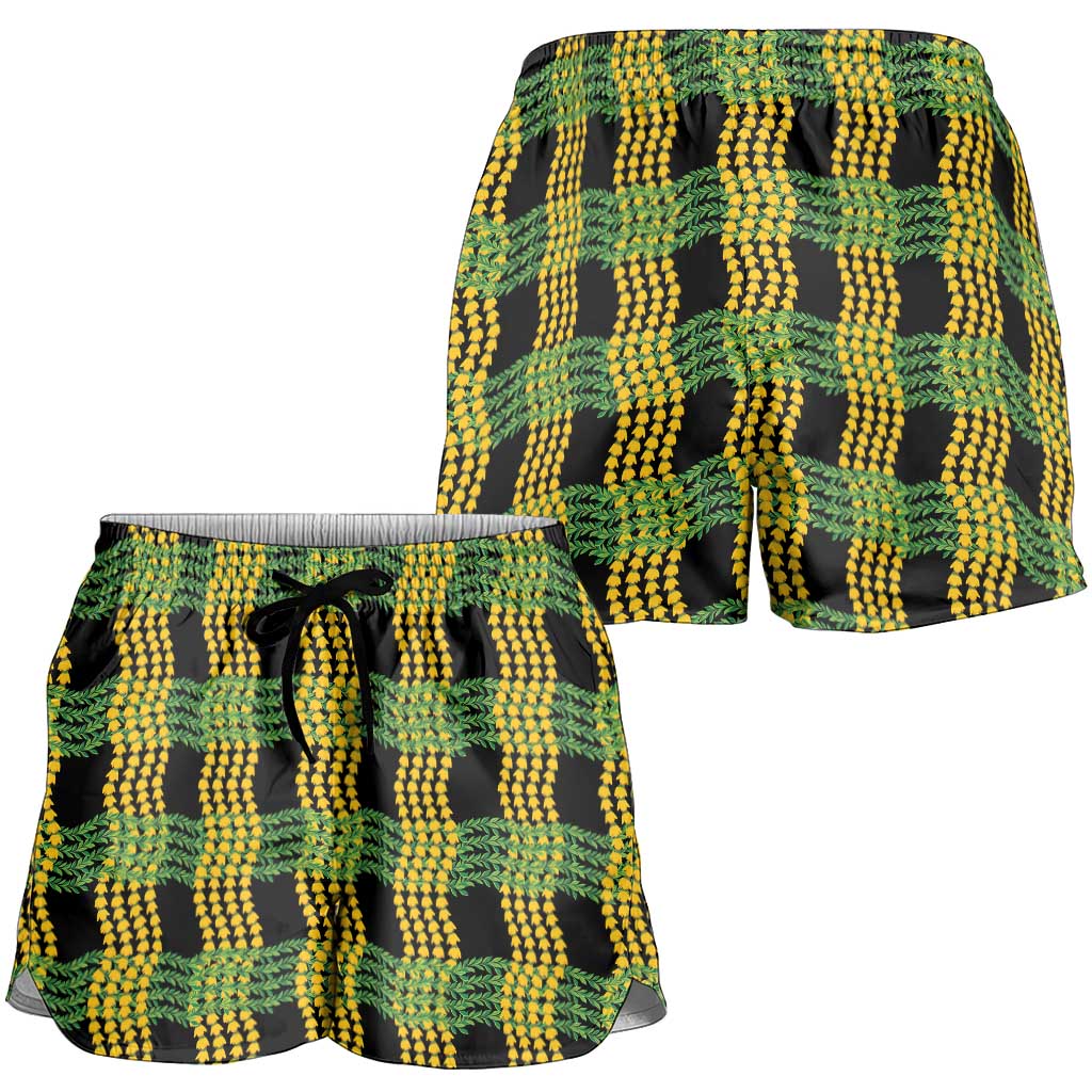 Aloha Hawaii Ilima Maile Lei Shorts for Women Palaka Inspired Hawaiian-plaid Black