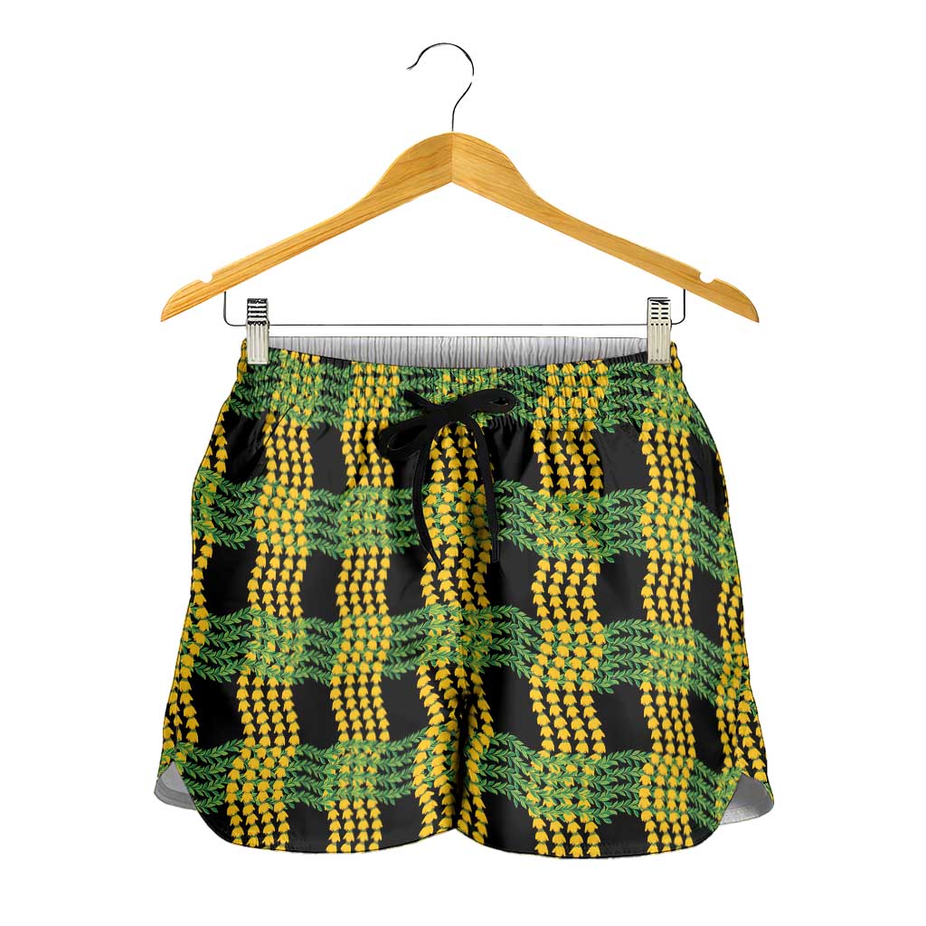 Aloha Hawaii Ilima Maile Lei Shorts for Women Palaka Inspired Hawaiian-plaid Black