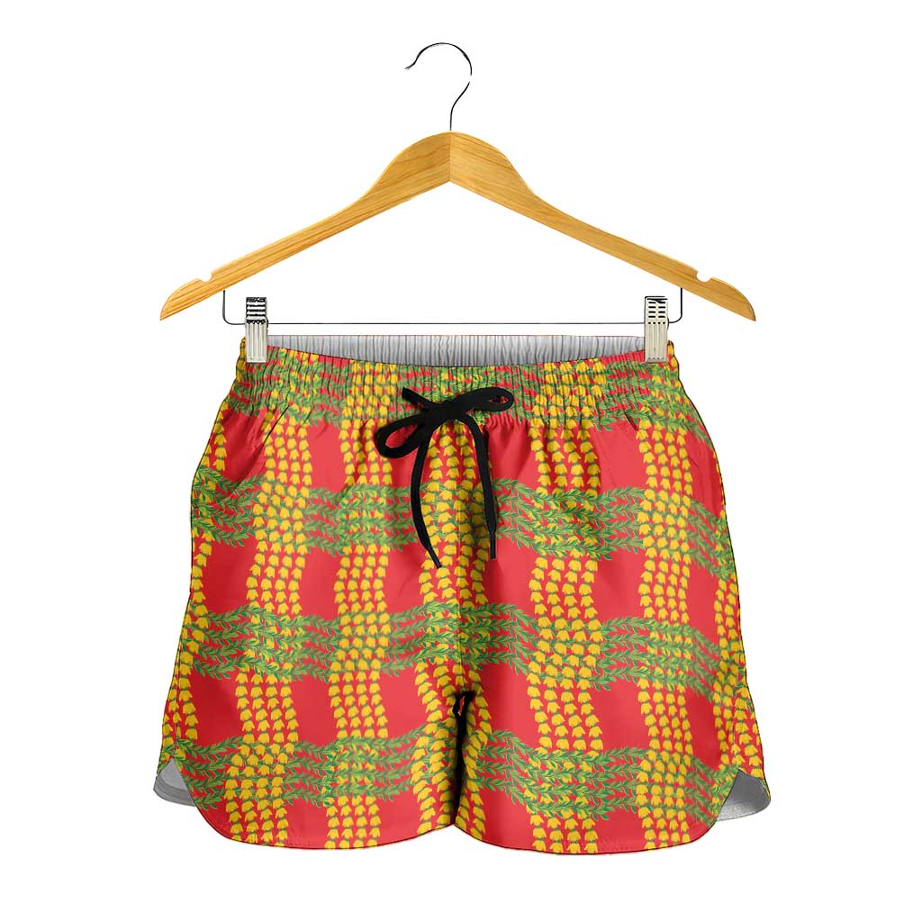 Aloha Hawaii Ilima Maile Lei Shorts for Women Palaka Inspired Hawaiian-plaid Red