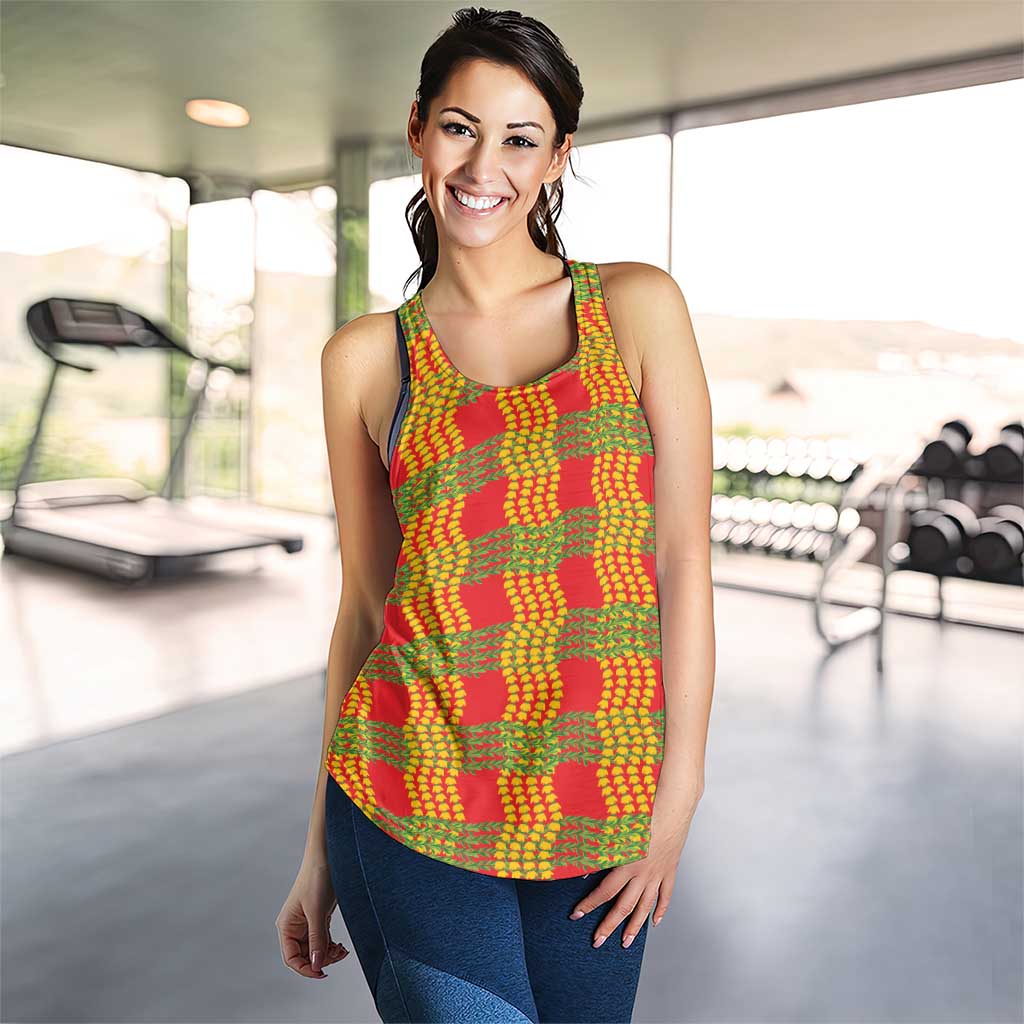 Aloha Hawaii Ilima Maile Lei Women Racerback Tank Palaka Inspired Hawaiian-plaid Red