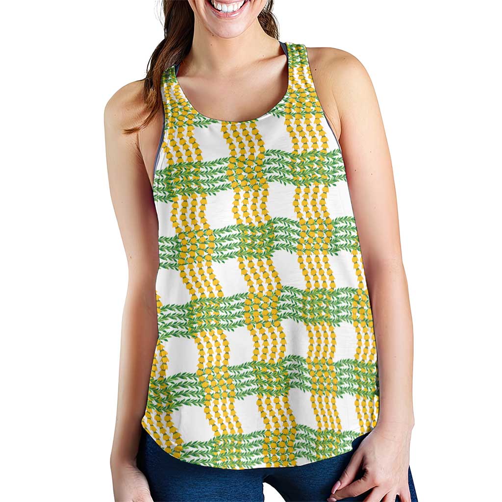 Aloha Hawaii Ilima Maile Lei Women Racerback Tank Palaka Inspired Hawaiian-plaid White