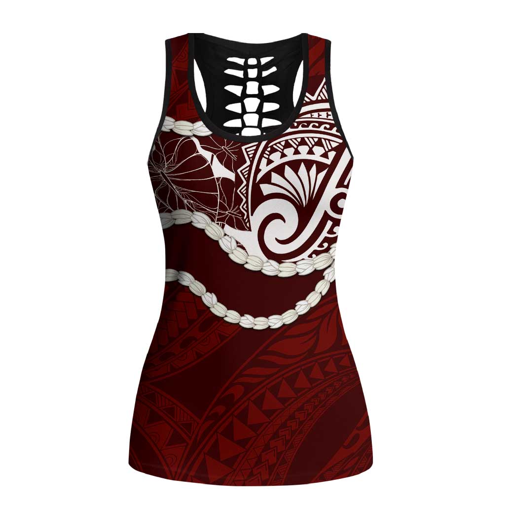 Aloha Hawaii Kalo Pikake Lei Hollow Tank Top Chest Tattoo Oxblood Hawaiian Pattern LT14 Female Oxblood - Polynesian Pride