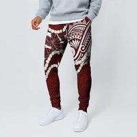 Aloha Hawaii Kalo Pikake Lei Jogger Pants Chest Tattoo Oxblood Hawaiian Pattern LT14 - Polynesian Pride