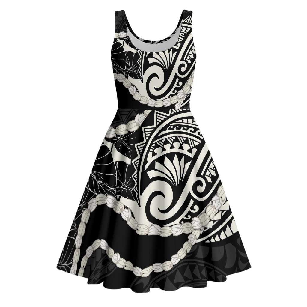 Aloha Hawaii Kalo Pikake Lei Midi Dress Chest Tattoo Black Hawaiian Pattern