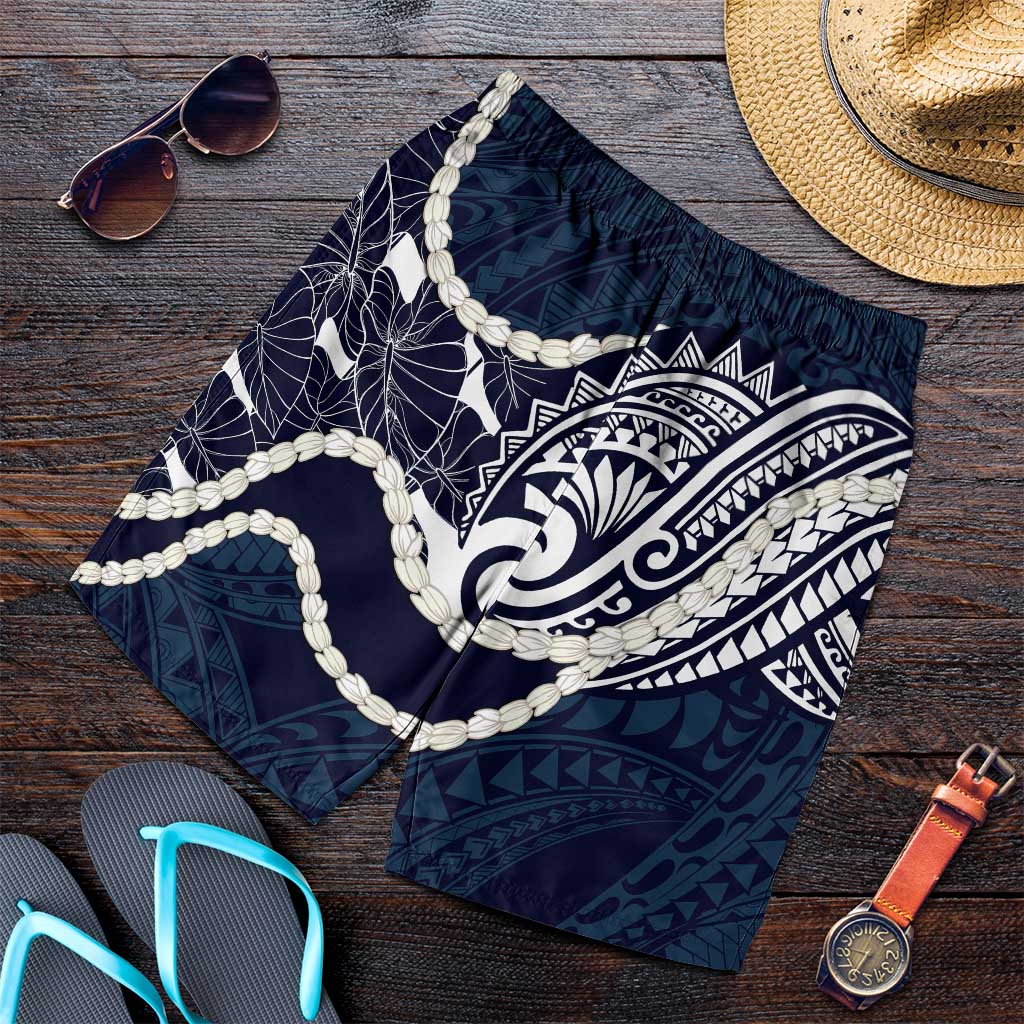Aloha Hawaii Kalo Pikake Lei Shorts for Men Chest Tattoo Oxford Blue Hawaiian Pattern