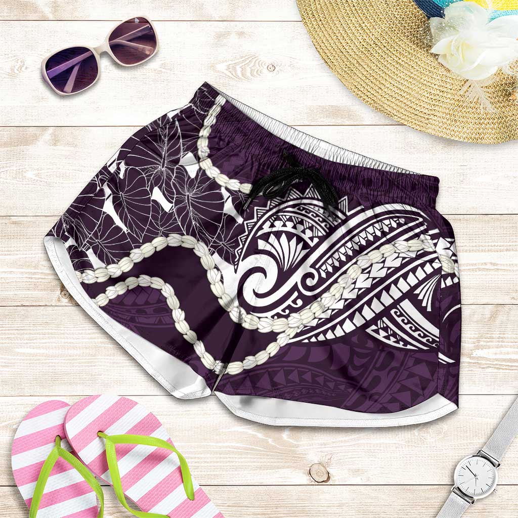 Aloha Hawaii Kalo Pikake Lei Shorts for Women Chest Tattoo Purple Hawaiian Pattern