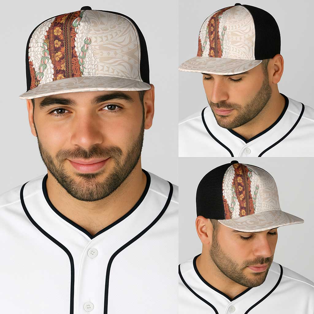 Aloha Hawaii Mikioi Lei Baseball Net Cap Beige Tropical Flower Pattern - Polynesian Pride