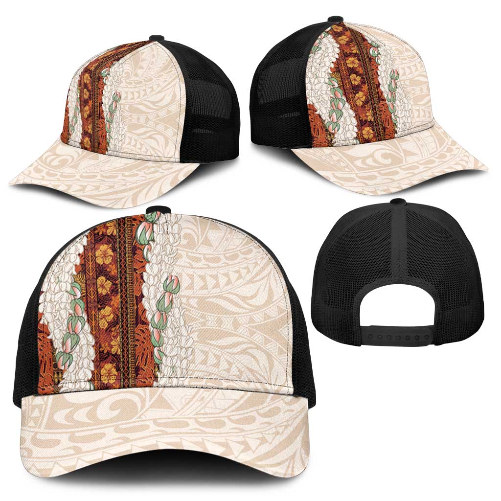 Aloha Hawaii Mikioi Lei Mesh Trucker Cap Beige Tropical Flower Pattern - Polynesian Pride