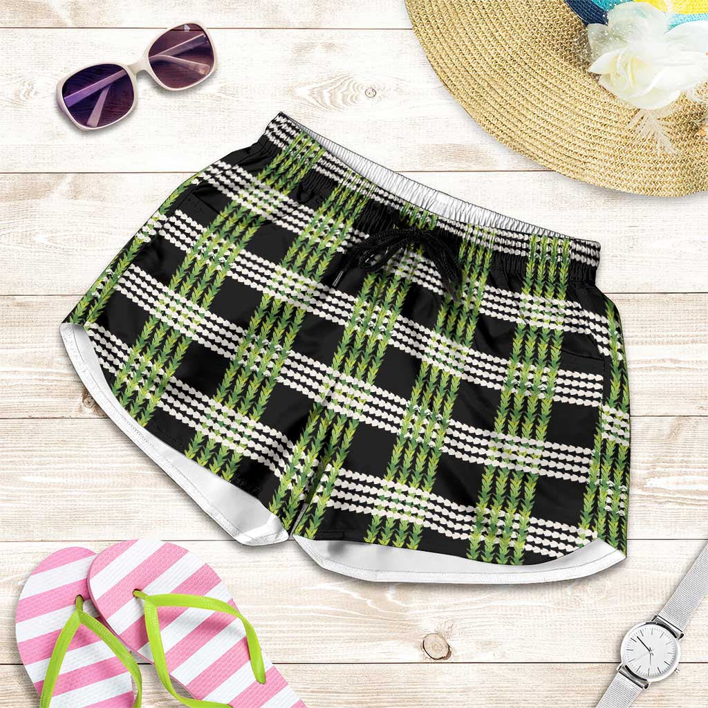 Aloha Hawaii Pakalana Pikake Lei Shorts for Women Palaka Inspired Hawaiian-plaid Black