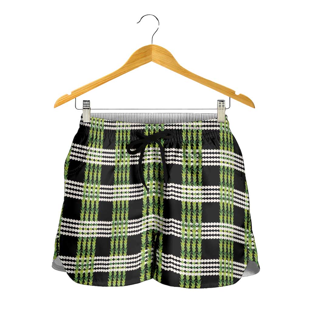 Aloha Hawaii Pakalana Pikake Lei Shorts for Women Palaka Inspired Hawaiian-plaid Black