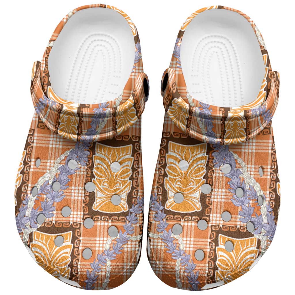 Aloha Hawaii Tiki Palaka Motifs Clogs Shoes Honohono Lei Orange Elegant Vibes