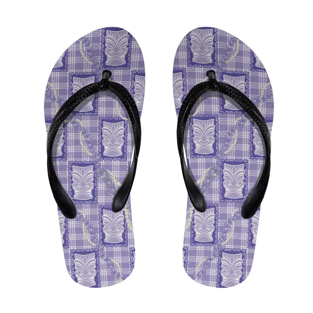 Aloha Hawaii Tiki Palaka Motifs Flip Flops Honohono Lei Purple Elegant Vibes