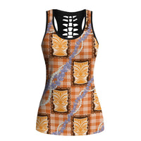 Aloha Hawaii Tiki Palaka Motifs Hollow Tank Top Honohono Lei Orange Elegant Vibes