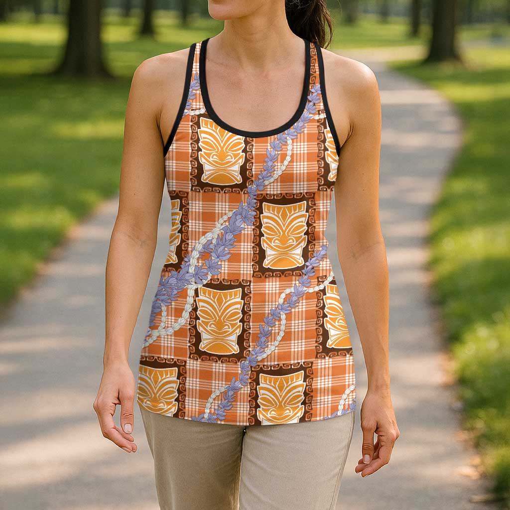Aloha Hawaii Tiki Palaka Motifs Hollow Tank Top Honohono Lei Orange Elegant Vibes