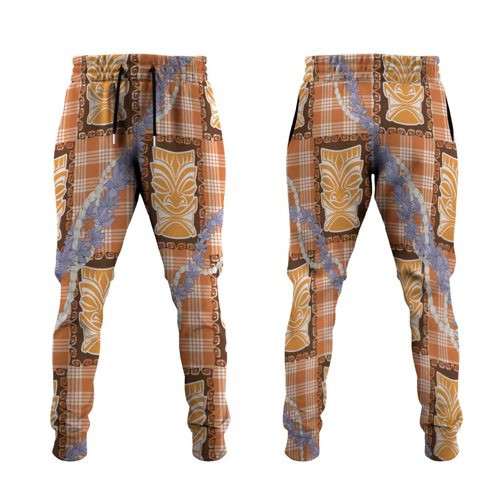 Aloha Hawaii Tiki Palaka Motifs Jogger Pants Honohono Lei Orange Elegant Vibes