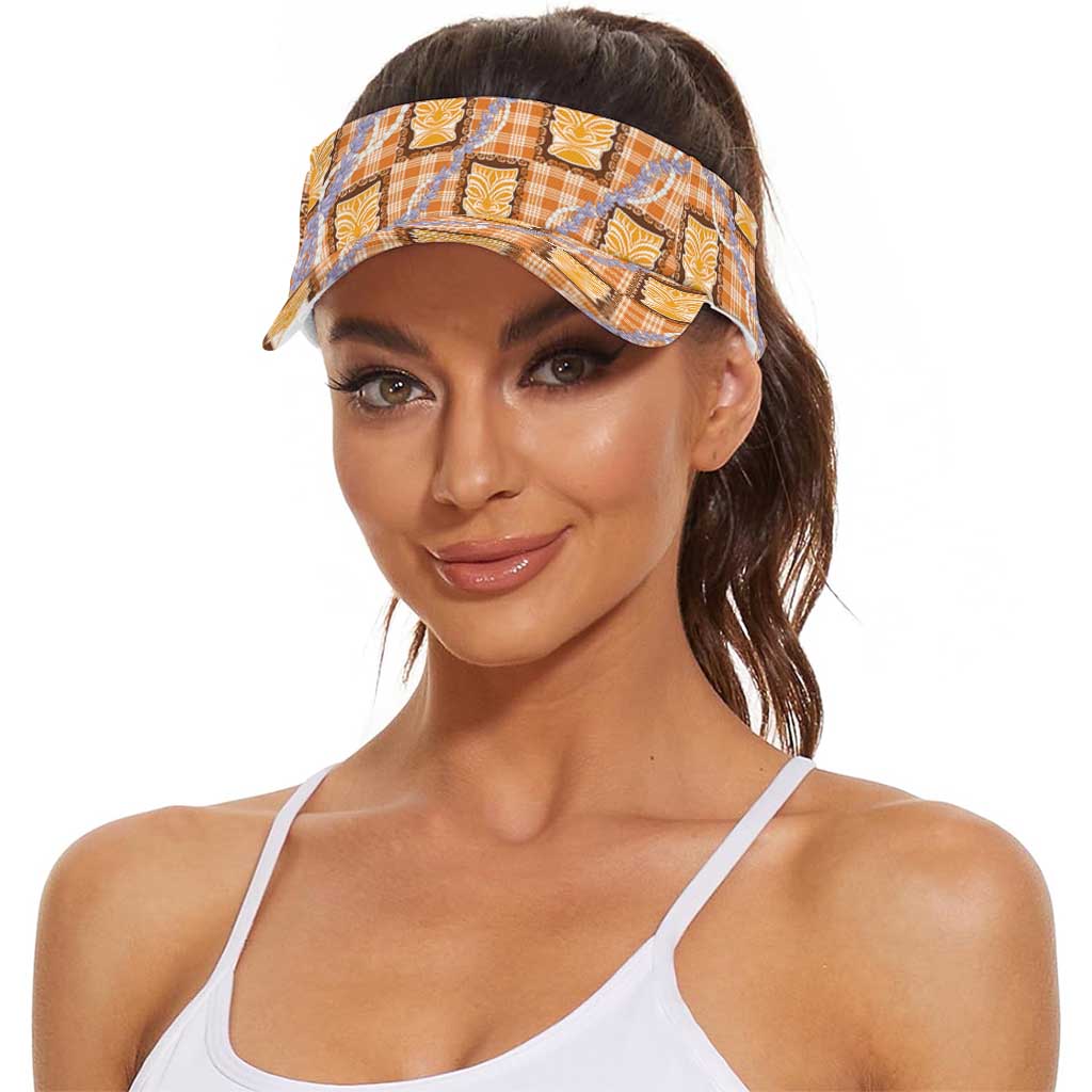 Aloha Hawaii Tiki Palaka Motifs Sun Visor Cap Honohono Lei Orange Elegant Vibes