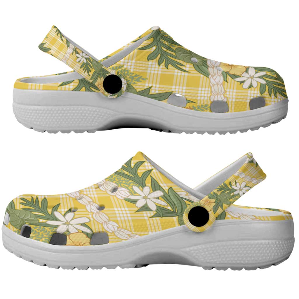 Aloha Puakenikeni Anthurium Pikake Lei Clogs Shoes Gold Hawaiian Palaka Pattern