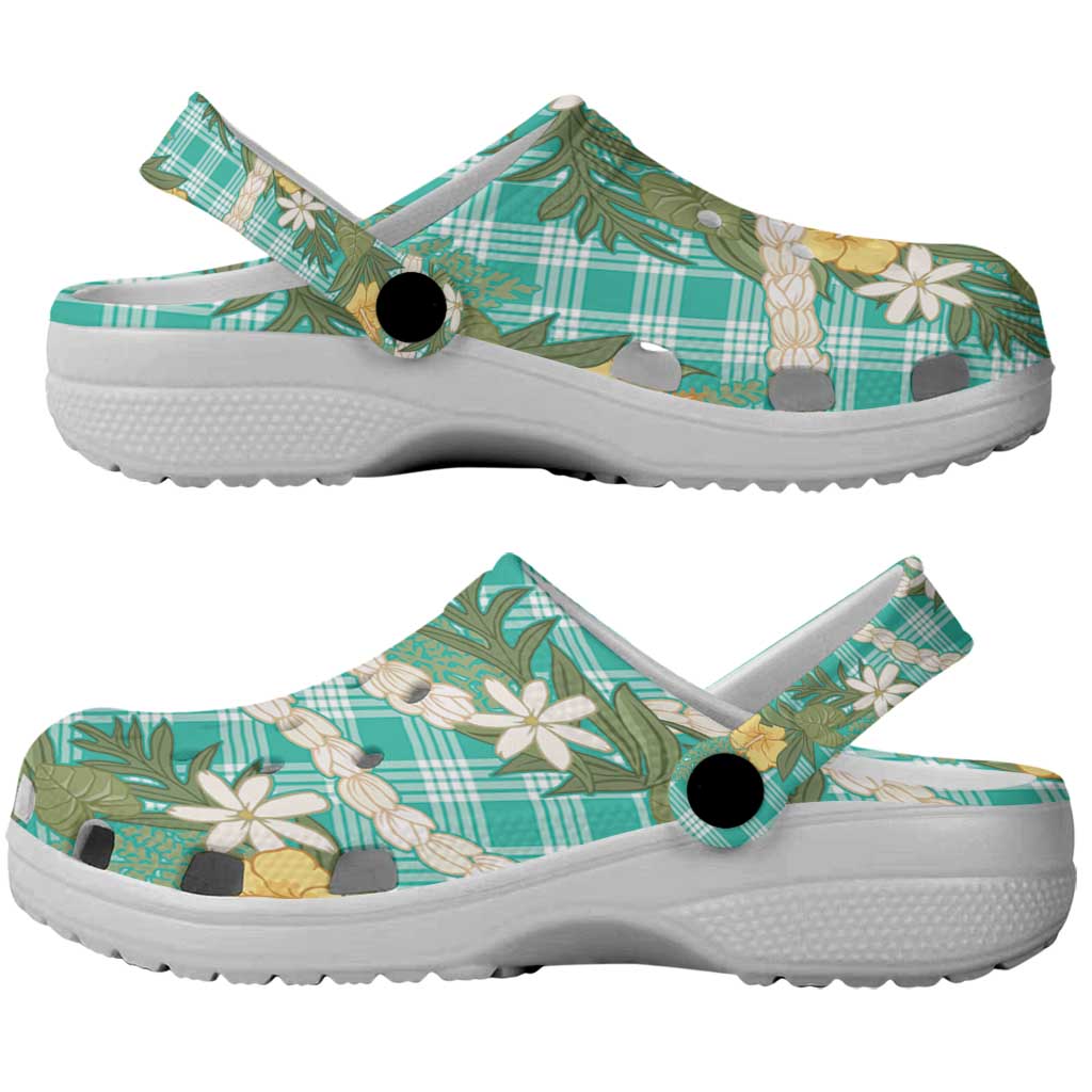 Aloha Puakenikeni Anthurium Pikake Lei Clogs Shoes Marine Hawaiian Palaka Pattern