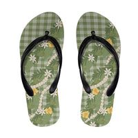 Aloha Puakenikeni Anthurium Pikake Lei Flip Flops Green Hawaiian Palaka Pattern
