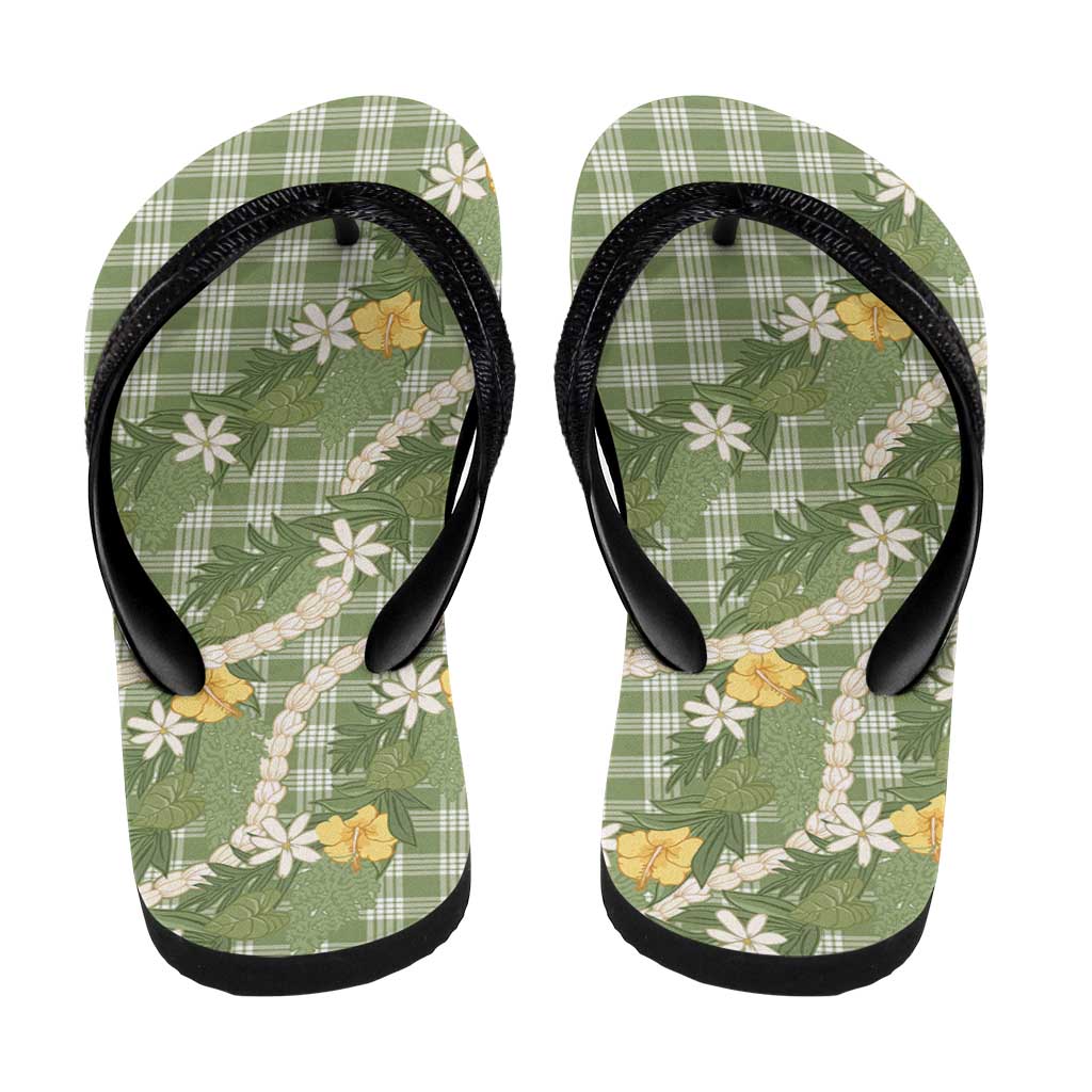 Aloha Puakenikeni Anthurium Pikake Lei Flip Flops Green Hawaiian Palaka Pattern