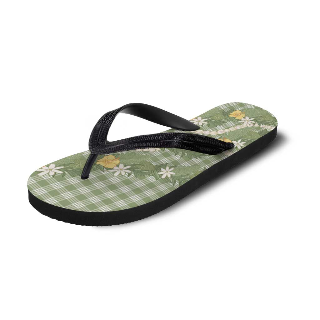 Aloha Puakenikeni Anthurium Pikake Lei Flip Flops Green Hawaiian Palaka Pattern