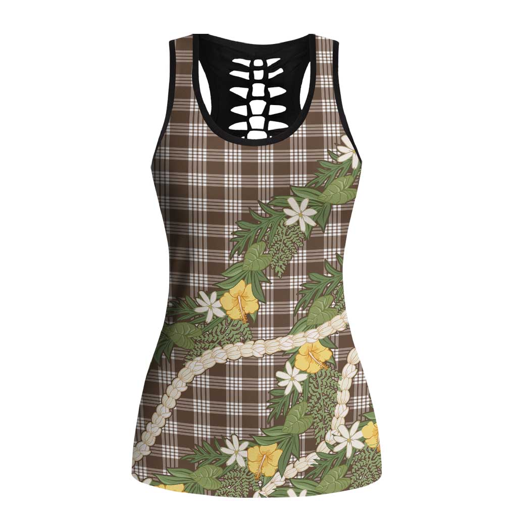 Aloha Puakenikeni Anthurium Pikake Lei Hollow Tank Top Chocolate Hawaiian Palaka Pattern