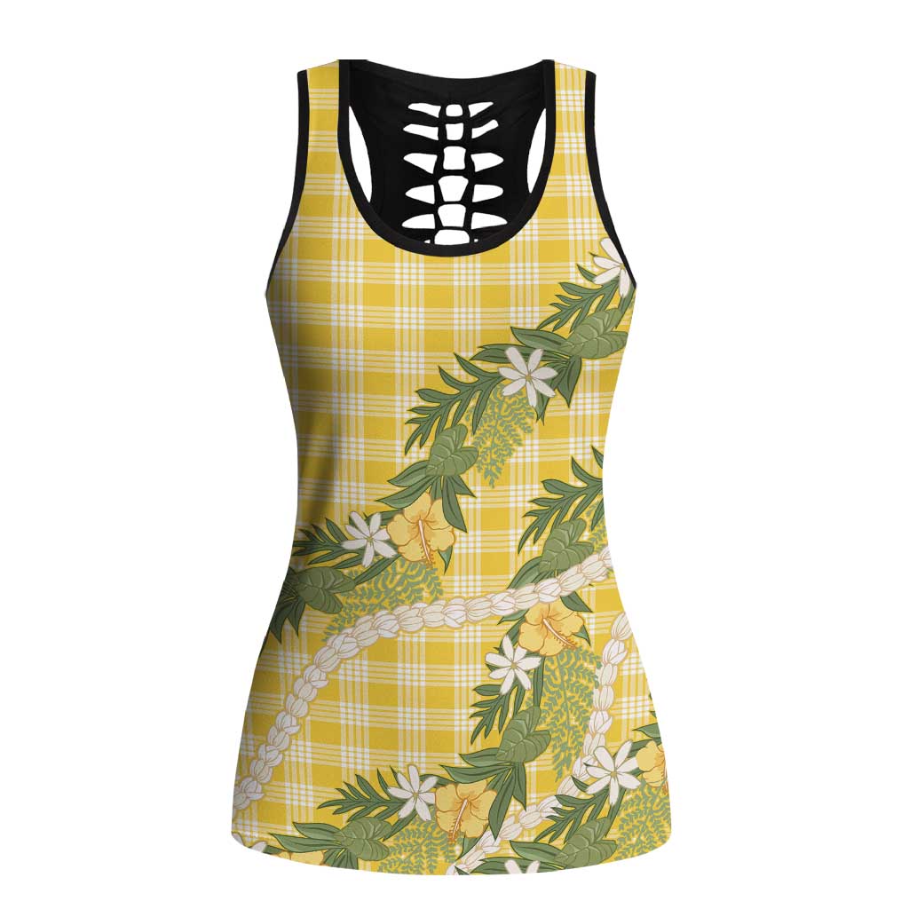 Aloha Puakenikeni Anthurium Pikake Lei Hollow Tank Top Gold Hawaiian Palaka Pattern LT9 Female Gold - Polynesian Pride