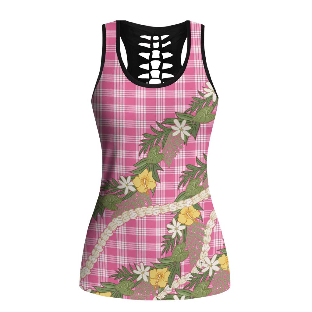 Aloha Puakenikeni Anthurium Pikake Lei Hollow Tank Top Tropical Pink Hawaiian Palaka Pattern LT9 Female Pink - Polynesian Pride